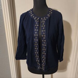Jones New York Signature Navy Cardigan With 3/4th Sleeves Gold Hardware Size M